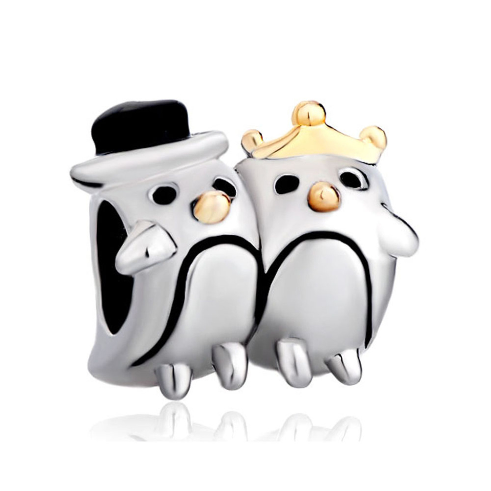 FREE S/H  Mr and Mrs Penguin 22kt Gold Plate Bracelet Charm - Fits Pandora - Picture 3 of 3